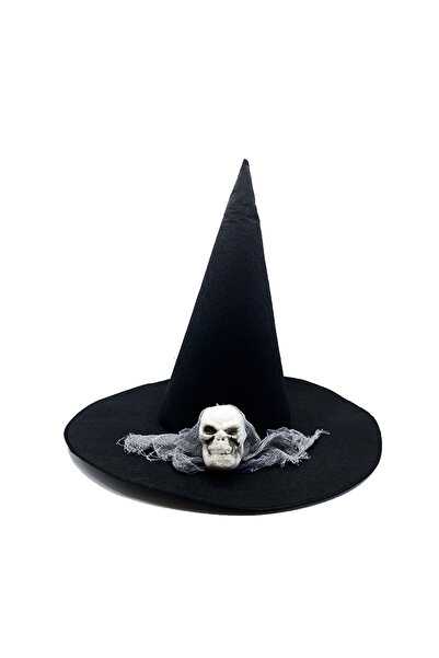 Skygo Black Color Gray Veiled Skull Themed Witch Hat 35x38 cm