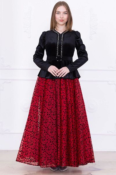 lodmela Velvet Evening Dress with Embroidery Detail 2748-Black/Red
