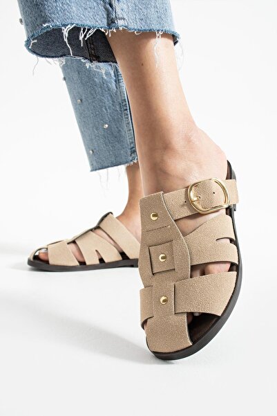 diclepolat Sarra Beige Suede Belt Detailed Flat Sole Women's Slippers