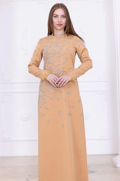 lodmela Evening Dress with Stone Pattern and Feather Sleeve Detail 2747-Camel