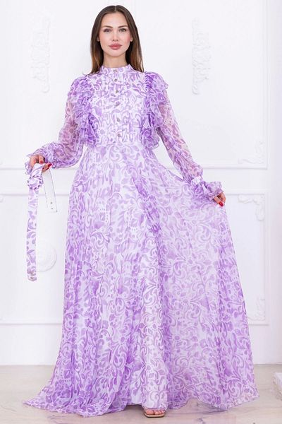 lodmela Ruffle Detail Front Pleated Beaded Chiffon Evening Dress 2734-Lilac
