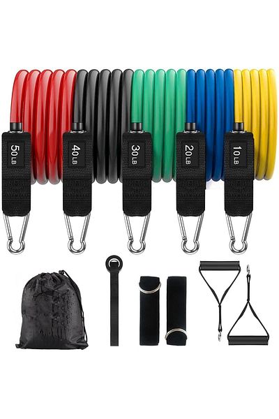 Salestore Set 11 Benzi Pentru Sport Elastice Cu Ghid, Extensibile, Din Latex 5 Culori, Cu Ancora, Curele