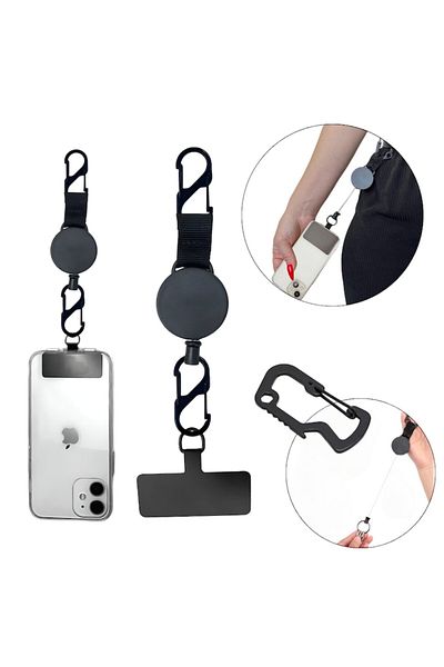 Salestore Retractable keychain phone holder, steel wire 60cm, carabiner clip, hiking, phone case, 4x4x3.5cm
