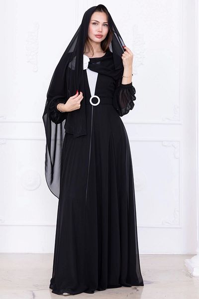 lodmela Evening Dress with Cape and Flower Detail 2746-Black