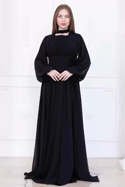lodmela Collar and Flower Detail Evening Dress 2740-Black