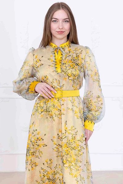 lodmela Chiffon Dress with Beaded Detail and Tie-Up Neckline 2735-Yellow
