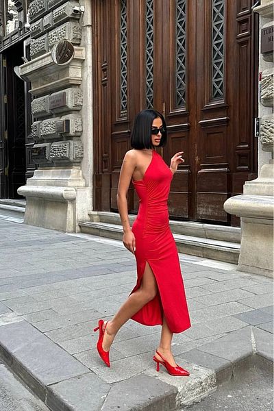 Stil Sepeti Women's Red One Shoulder Draped Slit Detail Midi Dress Ely-1000894100