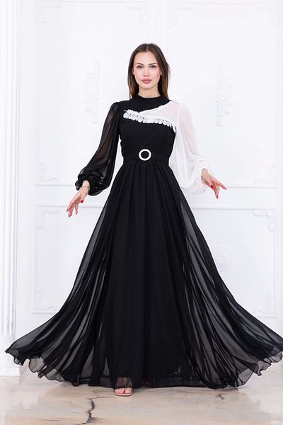 lodmela Chiffon Evening Dress with Neckline and Sleeve Detail 2744-Black