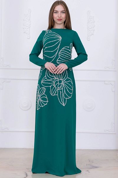 lodmela Stone Patterned Crepe Evening Dress 2738-Emerald Green