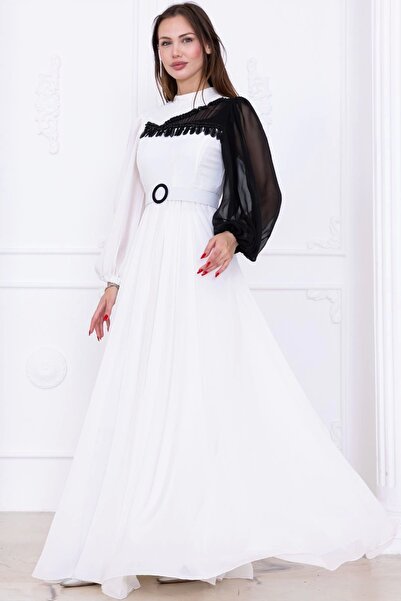 lodmela Βραδινό φόρεμα σιφόν με λεπτομέρεια γιακά και μανίκια 2744-Λευκό