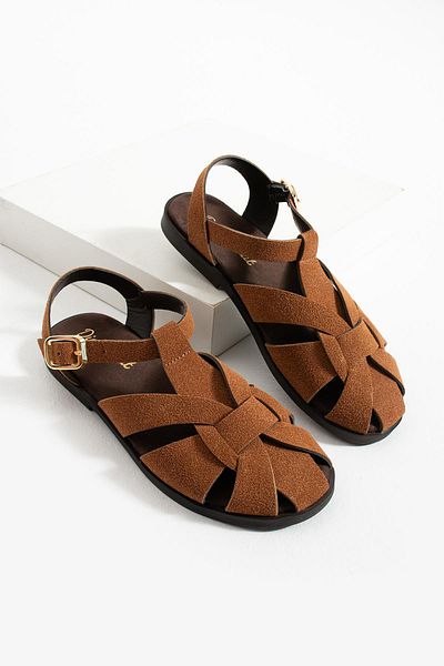 diclepolat Carla Tan Suede Buckle Detailed Flat Sole Women's Sandals