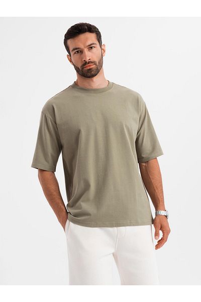 OMBRE Herren LOOSE FIT Baumwoll-T-Shirt mit Rundhalsausschnitt - khaki V8 OM-TSBC-0234 XXL