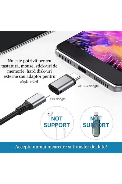 Salestore Adaptor Lightning la USB-C 2.7cm, aluminiu gri, pentru Apple Samsung Huawei Xiaomi, încărcare rapidă