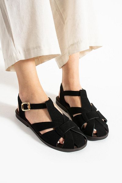 diclepolat Carla Black Suede Buckle Detailed Flat Sole Women's Sandals
