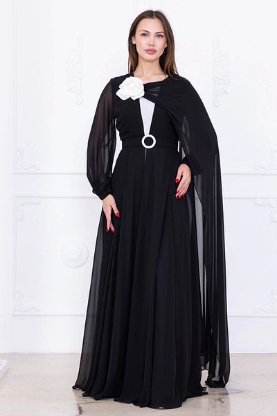 lodmela Evening Dress with Cape and Flower Detail 2746-Black