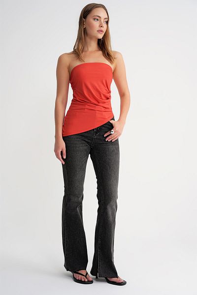 Mixray 2013 Women's Gathered Waist Asymmetrical Strapless Blouse Red