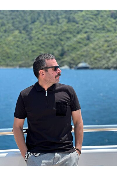 CAN ÇAPAR Ανδρικό μπλουζάκι με φερμουάρ και γιακά πόλο σε μαύρο χρώμα