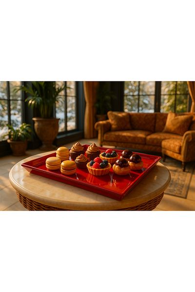 Davet Unbreakable Melamine Red Pastry Presentation Plate - 35Cm*35Cm Pastry Presentation Plate Unbreakable Melamine