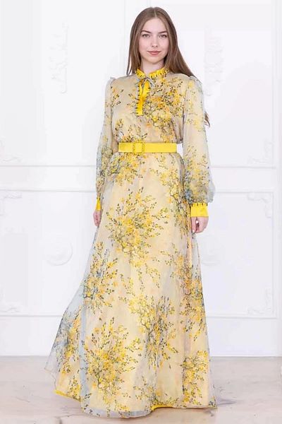 lodmela Chiffon Dress with Beaded Detail and Tie-Up Neckline 2735-Yellow