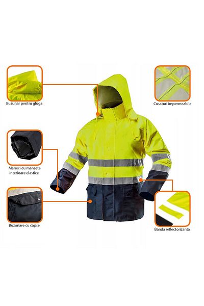 NEO Geaca De Lucru, Tesatura Oxford, Impermeabila, Galben, Model Visibility, Marimea M/50,