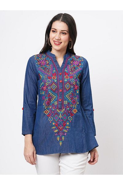 HashtagBe Featuring denim blue tunic with multi coloured thread embrodery