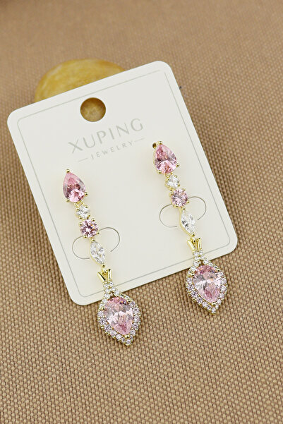 Keyifli Hayaller Xuping Vip Küpe - Pembe Zirkon Taşlı Sallantılı Şık Kararmaz...