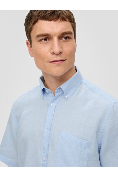 s.Oliver Cămașă bărbătească cu mânecă scurtă, din in 100%, Albastru deschis