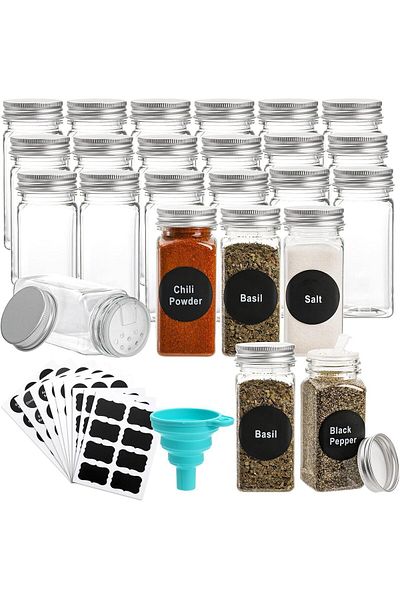 COOYA Set of 24 spice bottles,reusable with airtight lids,labels and funnels,for spices,herbs, powders