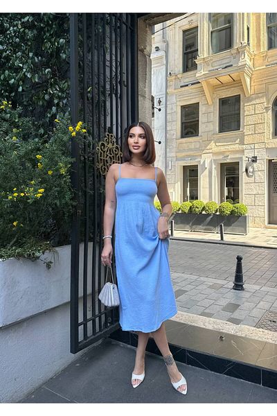 Stil Sepeti Women's Blue Square Neck Strap Gipeli Muslin Fabric Midi Dress Ely-100045715