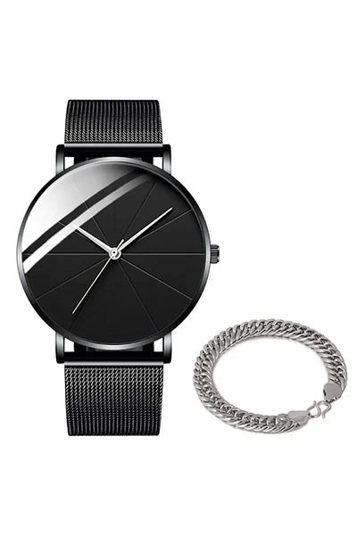 Tessero Simple analog watch and Cuban Chain bracelet set made of stainless steel, quartz mechanism, black