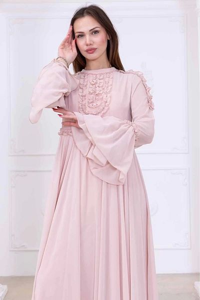lodmela Ruffle Detailed Beaded Chiffon Evening Dress 2730-Powder