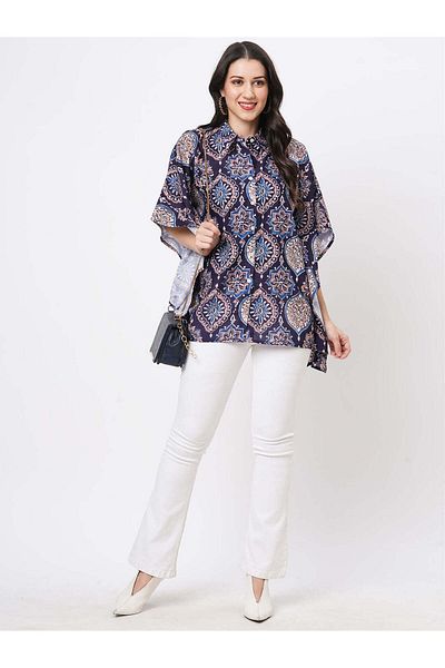 HashtagBe Kaftan shirt with front button placket in indigo print