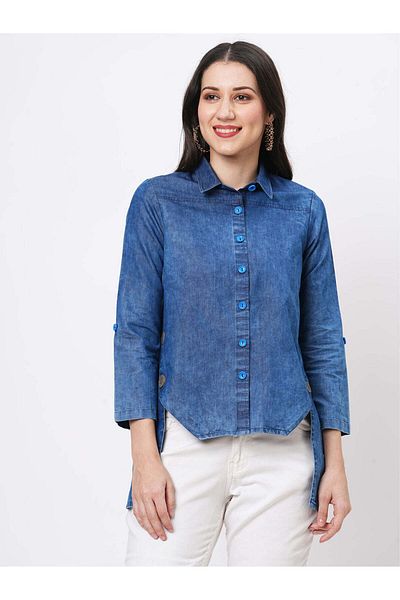 HashtagBe Denim blue in sturdy washed cotton shirt with collar and button down front