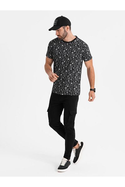 OMBRE Baumwoll T-Shirt mit Print und Rundhalsausschnitt - schwarz V2 OM-TSFP-0225 XXL