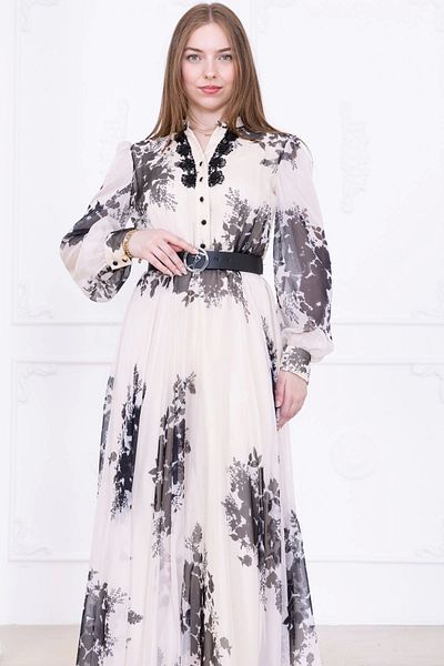 lodmela Lapel Lace Embroidered Chiffon Evening Dress 2728-Black