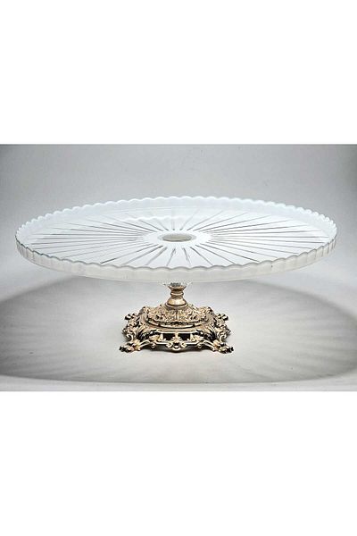 Kristal Market Handmade Crystal White Gold Detailed Vertical Patterned Footed Decorative Presentation Bowl with Stand