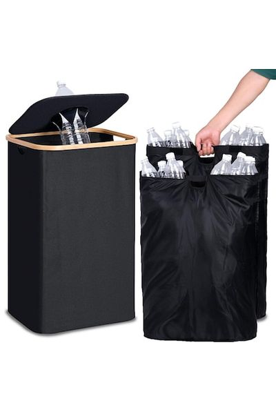 SMARTECH Bottle Recycling Bin with 2 Bags, Bamboo and Textile, Waterproof