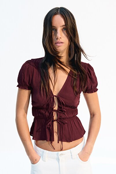 Bershka Gathered short sleeve shirt with tie detail