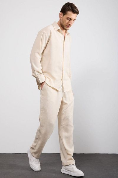 thesunfyre Men's Linen Relaxed Fit Baggy Pants and Long Sleeve Oversize Shirt Bottom Top Set