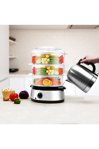 Sofia Concept Aparat de gatit cu aburi Fitfoodie Steel, 800W, 9L, Timer, Oprire automata, 3 cosuri, Black/Silver