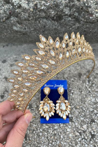 Hobigram Alexa Gold Bridal Henna Crown Special Occasion Accessory Women's Crown and Wide Shuttle Earrings Set