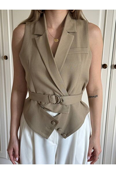 Büşra Ayhan Pamuk Kumaş Kuşaklı Siyah/Camel Yelek