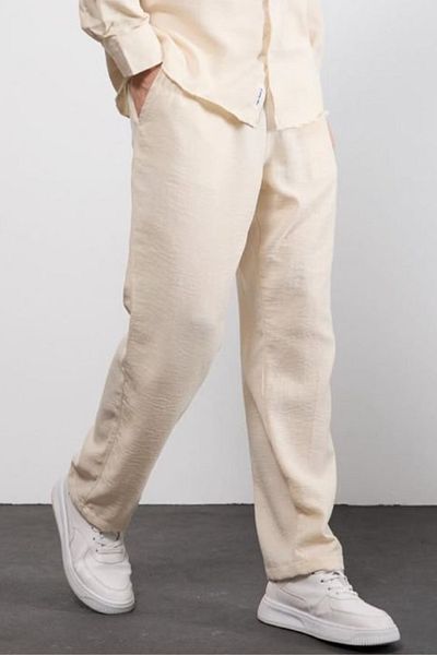 thesunfyre Men's Waist Tie Baggy Fit Relaxed Fit Linen Look Trousers