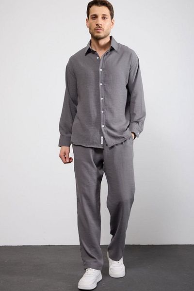thesunfyre Men's Linen Relaxed Fit Baggy Pants and Long Sleeve Oversize Shirt Bottom Top Set