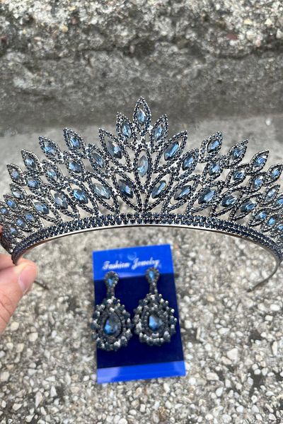 Hobigram Alexa Navy Blue Bridal Henna Crown Special Occasion Accessory Women's Crown and Drop Shuttle Earrings Set