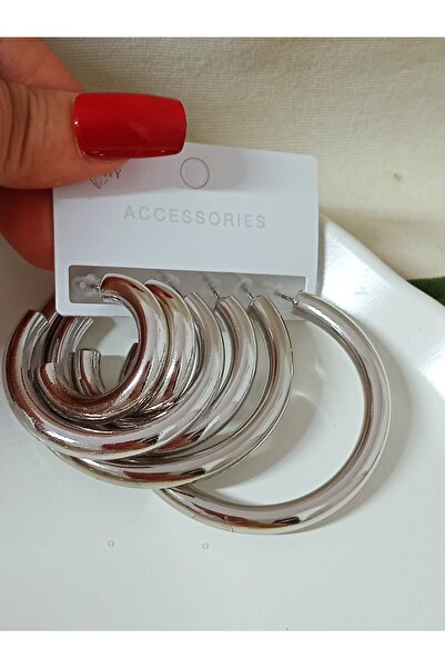 mos&more Gümüş 3 Çift Kalın Boru Halka (3-4,5-5,5cm) Küpe, Hafif