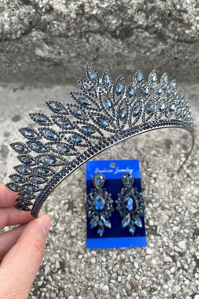 Hobigram Alexa Navy Blue Bridal Henna Crown Special Occasion Accessory Women's Crown and Three Shuttle Earrings Set