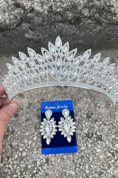 Hobigram Alexa Silver Bridal Henna Crown Special Day Accessory Women's Crown and Thin Shuttle Earring Set