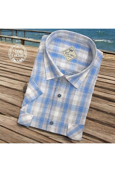 GÖMLEK GALERİSİ Men's Classic Loose Fit Double Pocket Plaid Short Sleeve Shirt