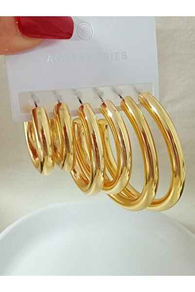 mos&more Gold 3 Çift Kalın Boru Halka (3-4,5-5,5cm) Küpe, Hafif